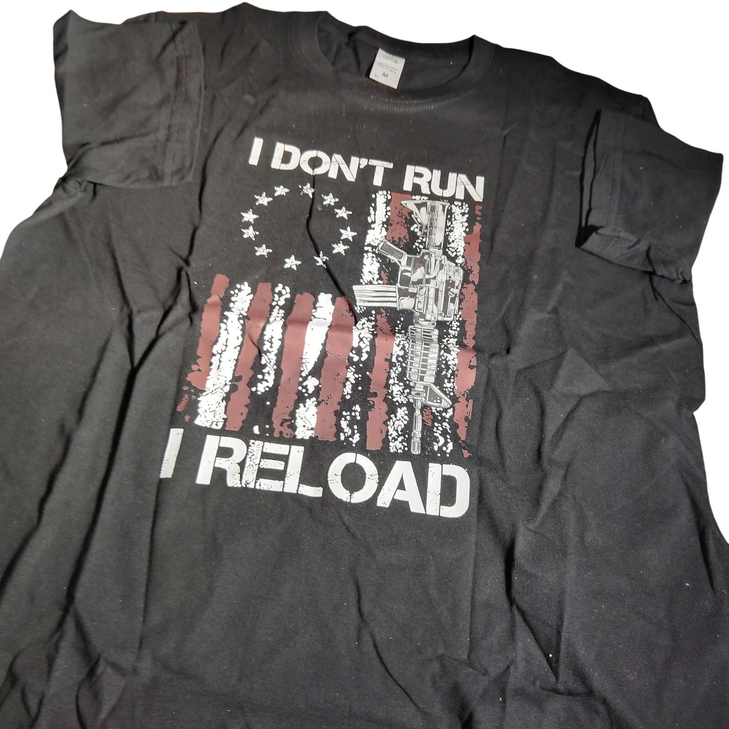 I Dont Run I Reload American Flag Gun Graphic T Shirt Black Cotton Medium