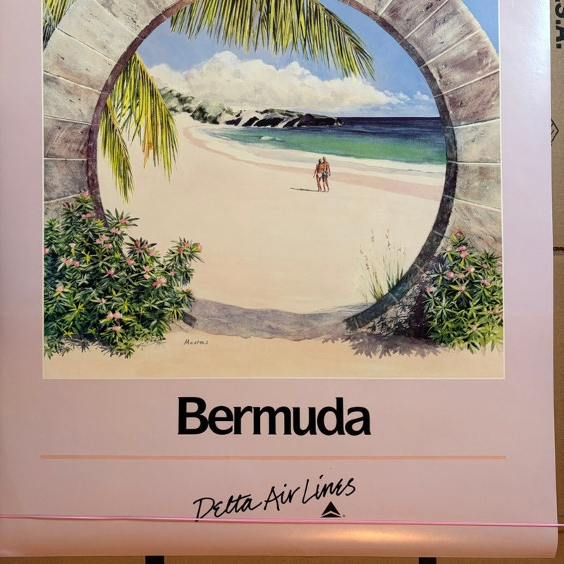 Original VTG 80s Delta Air Lines Bermuda Travel Poster by M. Husimi - 28" x 22"