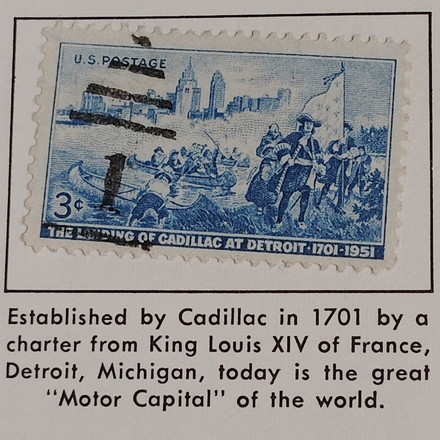 1951 3¢ Cadillac Landing at Detroit Stamp – Scott 1000 – 250th Anniversary