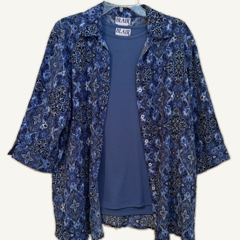 Blair Women's L 2PC Blue Floral Paisley 3/4 Sleeve Blouse & Tank Top Set