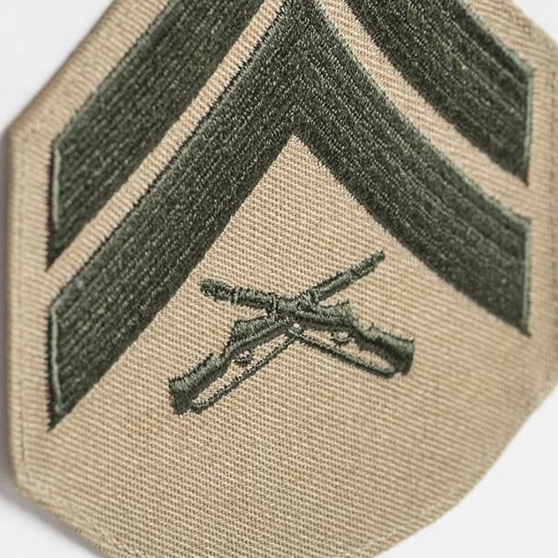 USMC Corporal E‑4 Chevrons Green on Tan Pair 4‑5/8" × 5‑1/8" Novelty Chevrons