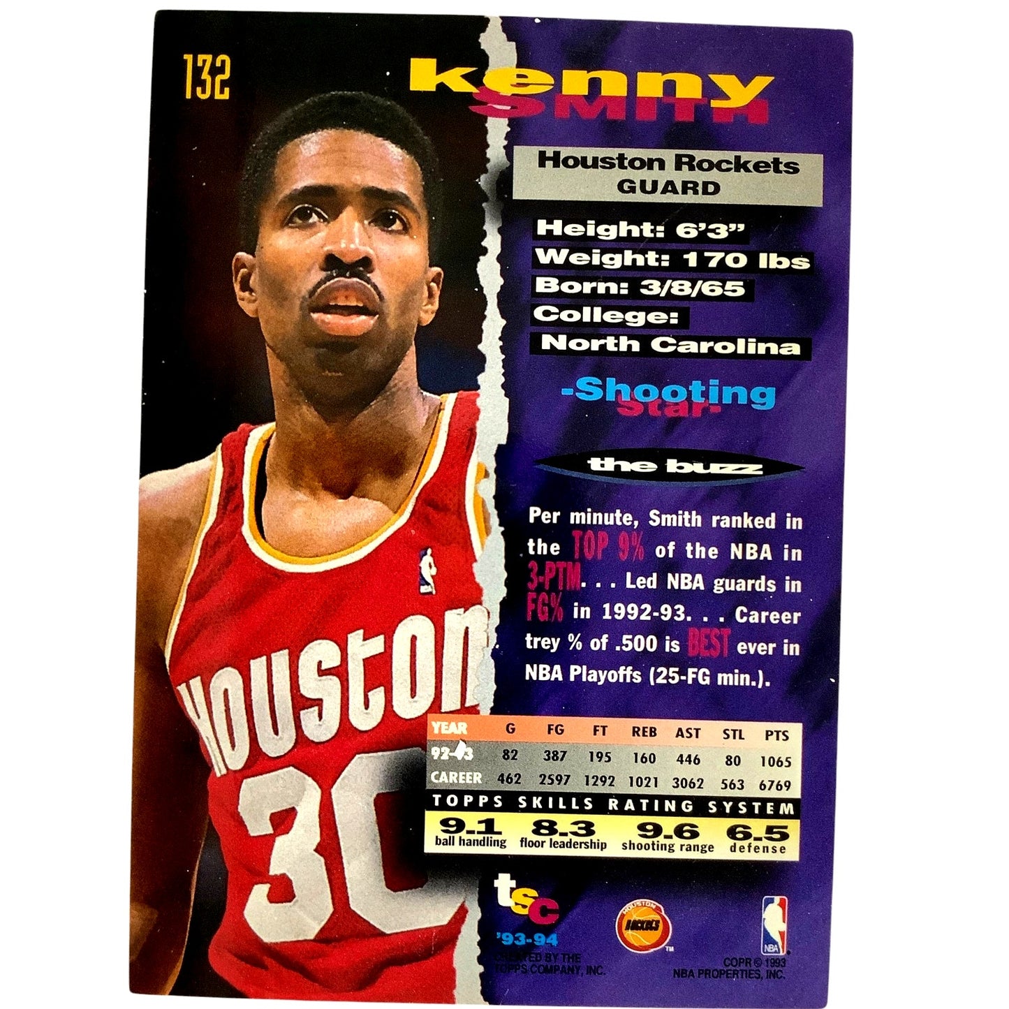Kenny Smith, Houston Rockets, 1993 Topps Stadium Club Collector's Card 132, EXC