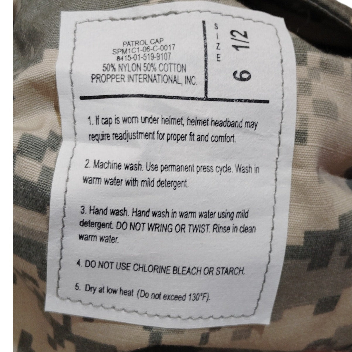 Digital ACU Camo Patrol Cap Size 6-1/2 Ripstop 50/50 Nylon/Cotton Propper Inter.