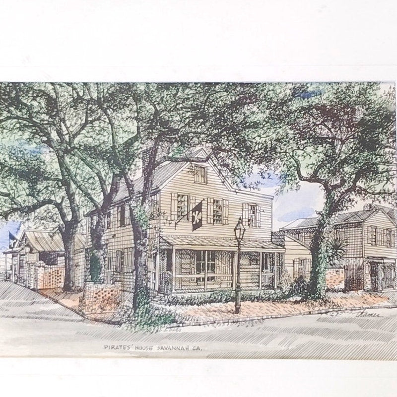 VTG Pirates’ House Historic District of Savannah GA Pen‑and‑Ink Print Framed