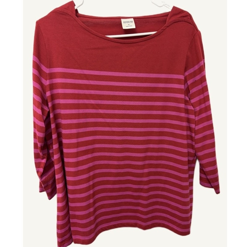 Bedford Fair XL Red Pink Striped 3/4 Sleeve Boat Neck Top Cotton Blend