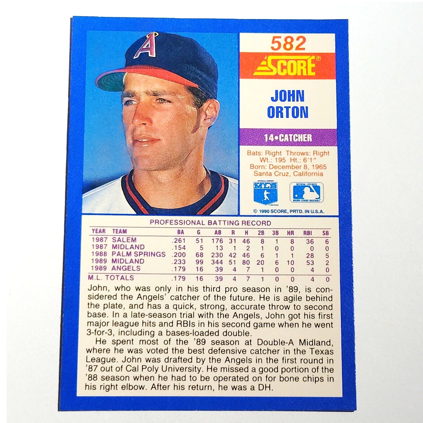 1990 Score John Orton RC #582 California Angels Rookie Catcher MLB Baseball EX