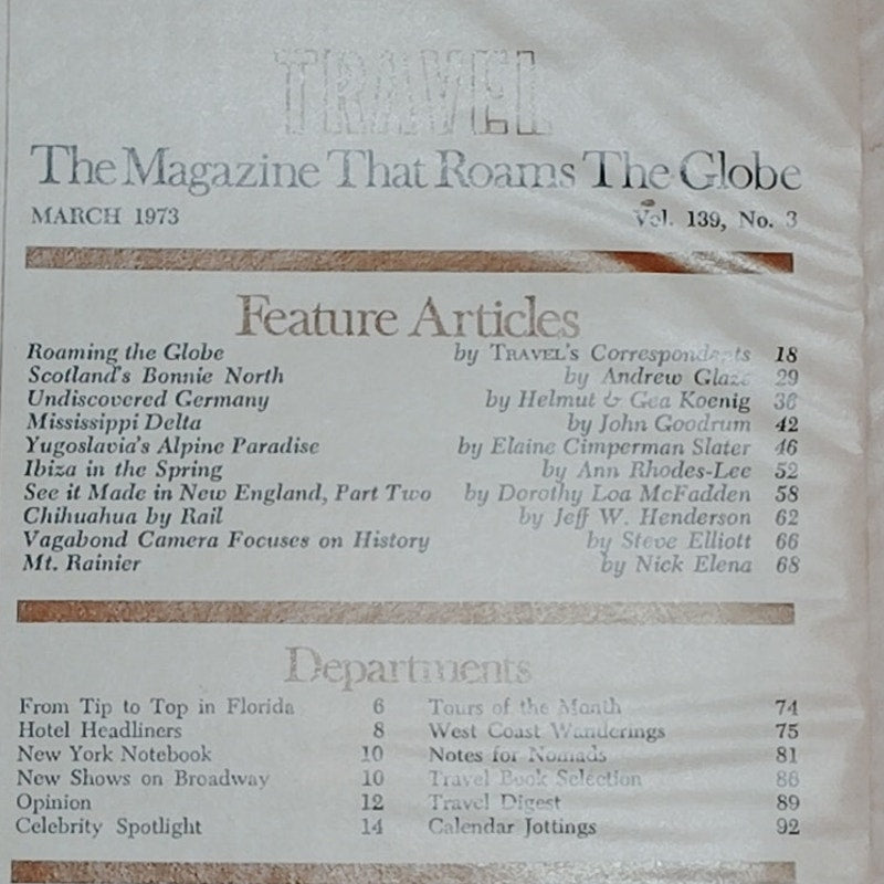 Travel Magazine March 1973 - Mt Rainier, Mexico, Yugoslavia, Germany Issue