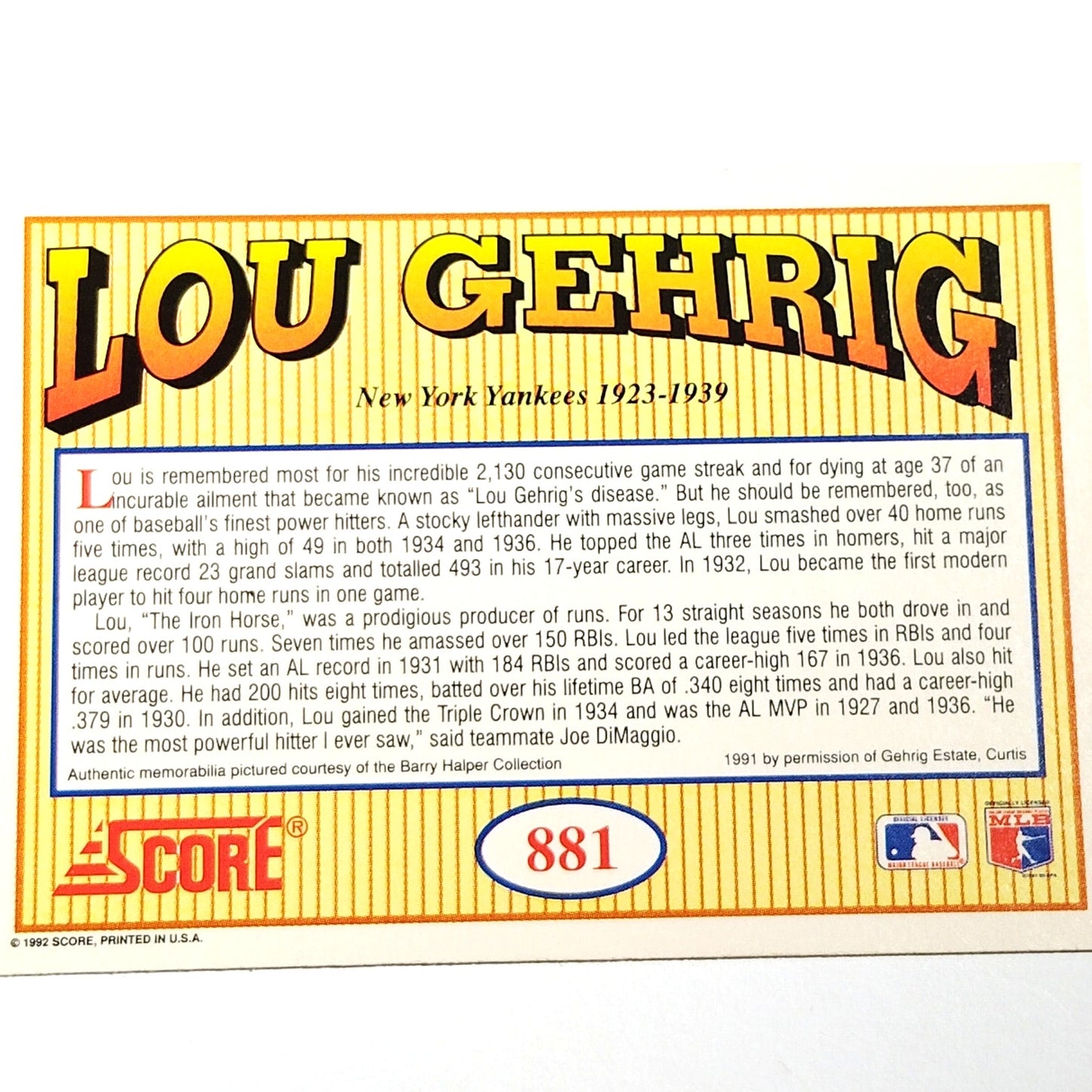 1992 Score Lou Gehrig #881 New York Yankees MLB Baseball Card NM