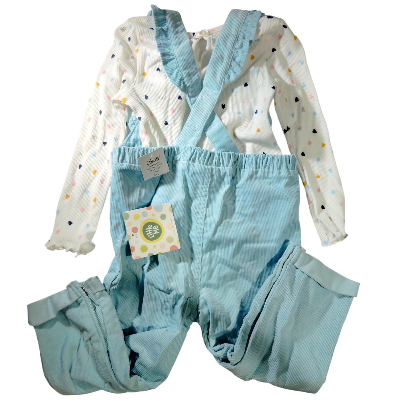 Little Me Baby Girls 2‑Piece Heart Print Top and Overalls Set Blue 24M