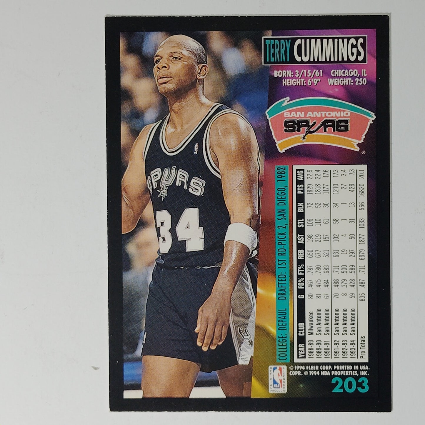 1994–95 Fleer Terry Cummings #203 – San Antonio Spurs – Forward – NBA Card