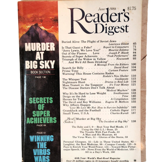 Reader's Digest June 1986 Magazine Murder at Big Sky, Jerry Lewis VTG Back Issue