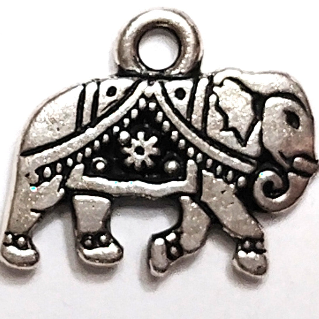 Elephant Charm Patinated Silver‑Tone Alloy Caparisoned Design 1/2" Pendant