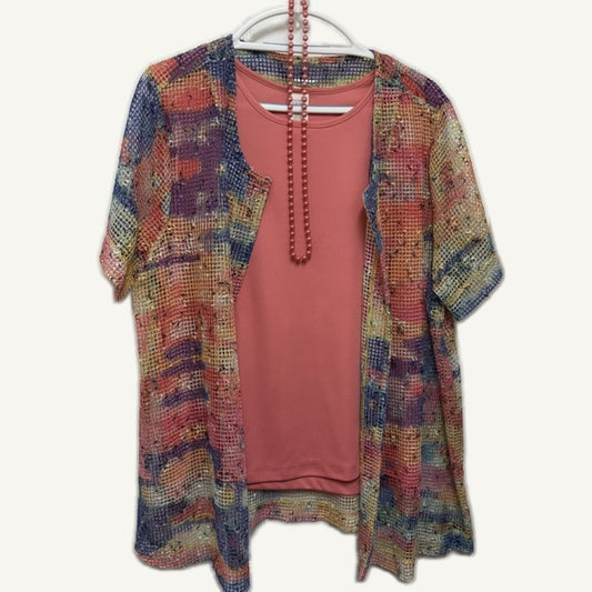 Blair Women's L Coral Tank Top & Multicolor Open Cover Up Set w/ Necklace
