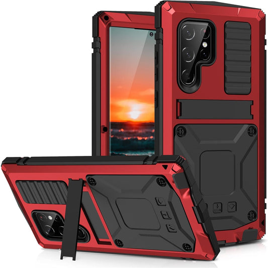 Red S22 Ultra Waterproof Case – Shockproof Metal Armor w/ Stand, 360° Cover