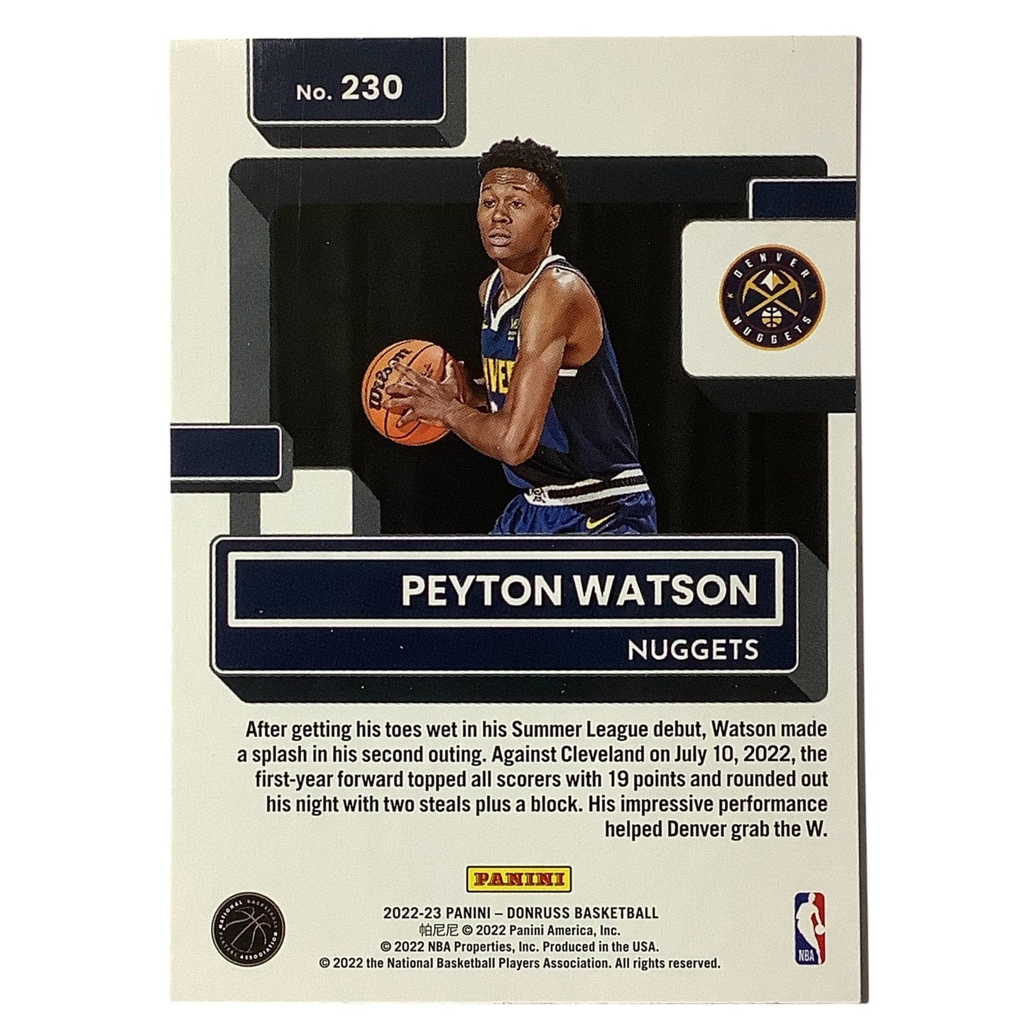 Peyton Watson -Rated Rookie- Denver Nuggets, Card#230 2022-23 NBA Panini-Donruss