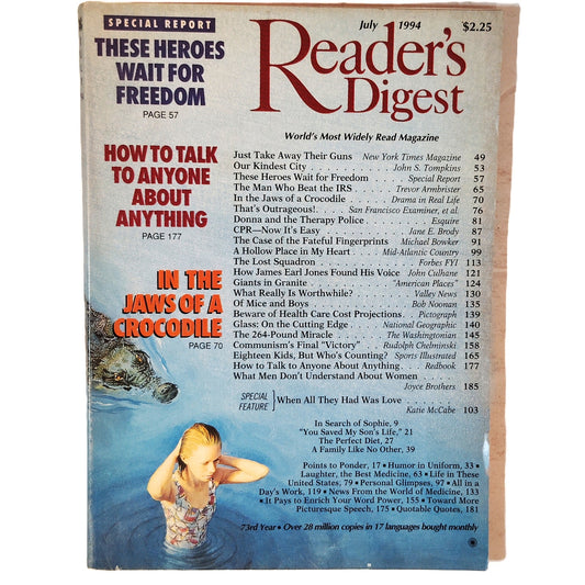 Reader's Digest July 1994 Vintage Magazine Gun Control & Crocodile Article