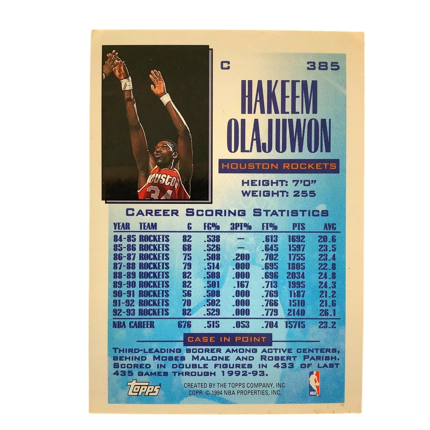 Hakeem Olajuwon, Rockets, 1994 Topps "Future Scoring Leader" NBA Card 385, EXC