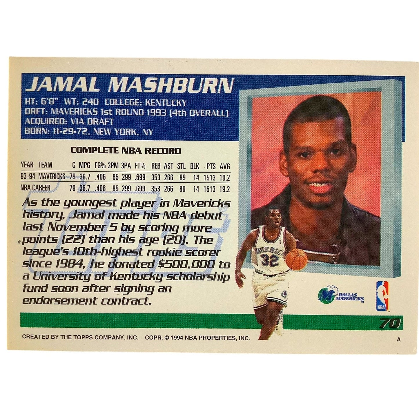 Jamal Mashburn, Dallas Mavericks, 1994 Topps Collector's Card 70, EXC/NM