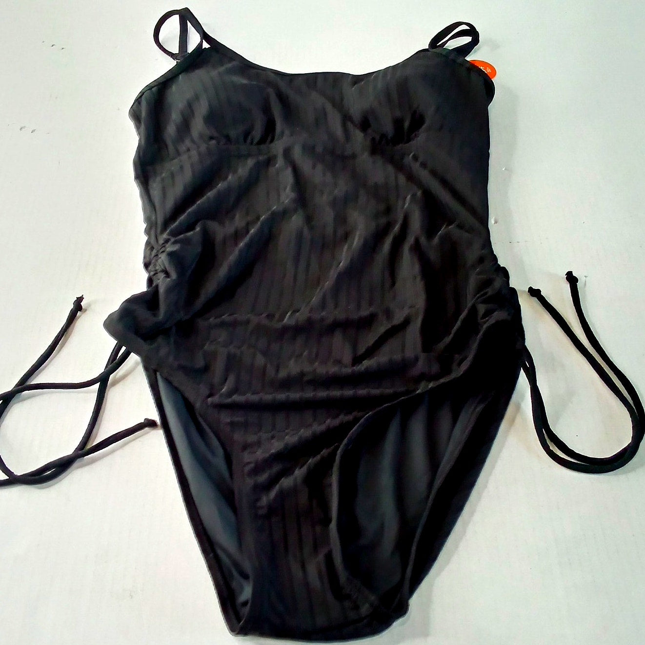 Charmo Ribbed 1-Piece Slimming Silhouette Swimsuit Black M, Adjustable Side Ties