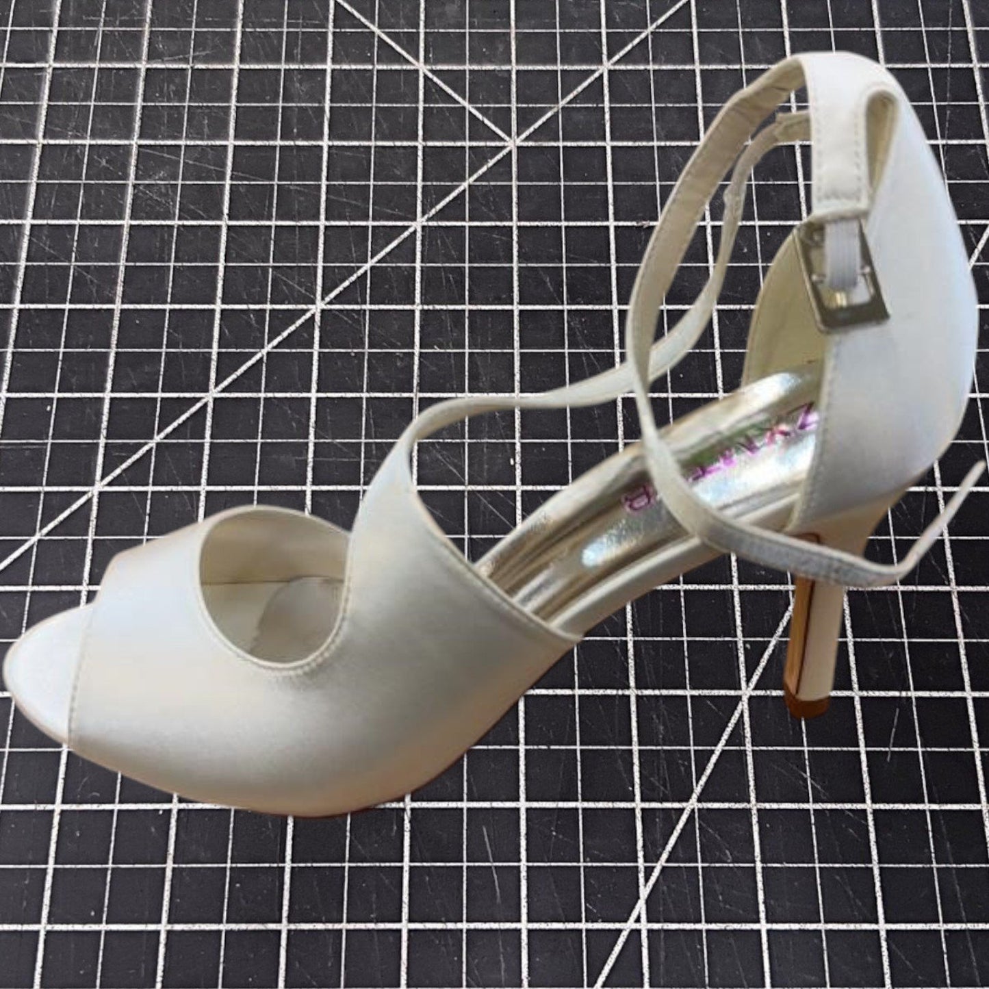 White Satin Oblique Strap Dress Heels – Bridal Party – 3.5" Heel – Size 10