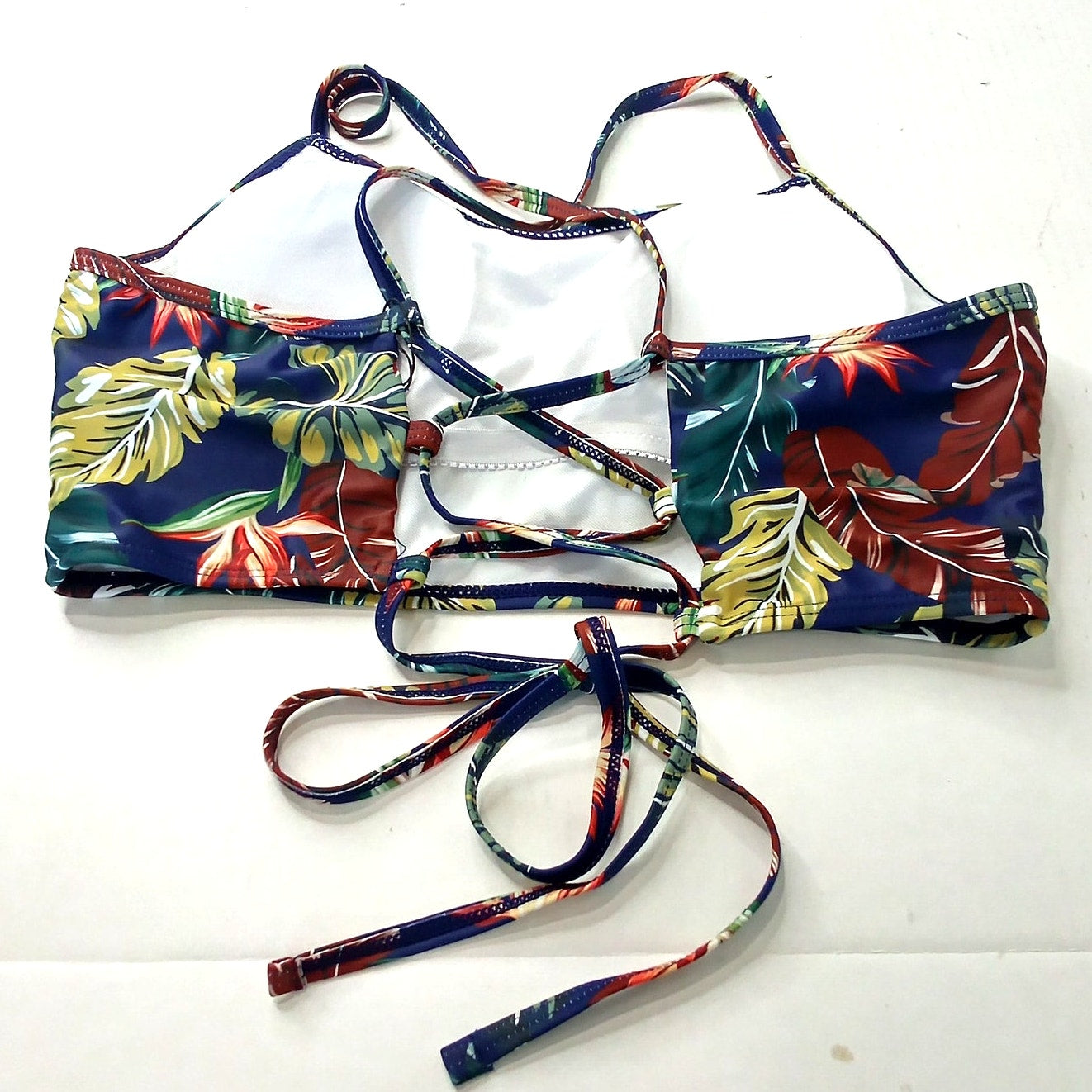 Zaful Navy Tropical Leaf Bikini Top Crisscross Strappy Back Scoop Neck, L (US 8)