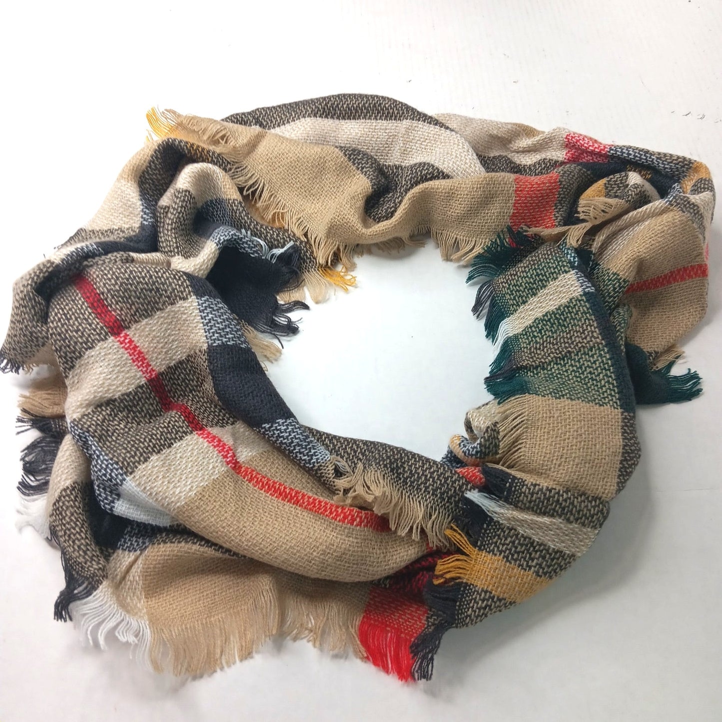 Lucky Leaf Infinity Scarf Beige Black Red Plaid Acrylic 36 × 20 Fall/Winter Wear