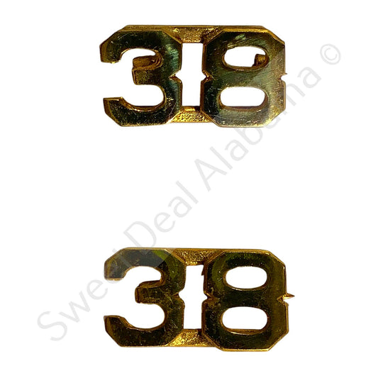 WWI Era Numeric "38", Brass Military C-Clasp Hat / Lapel / Collar Pins Set 3/8"H