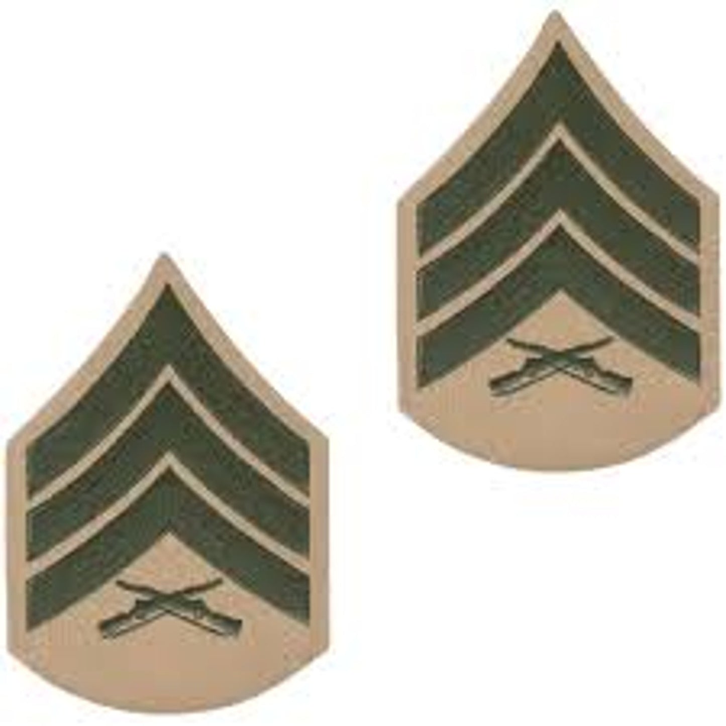 1 Pr. USMC Sergeant E‑5 Chevrons Set – Green on Khaki – Female – 3‑1/2" × 2‑3/4"