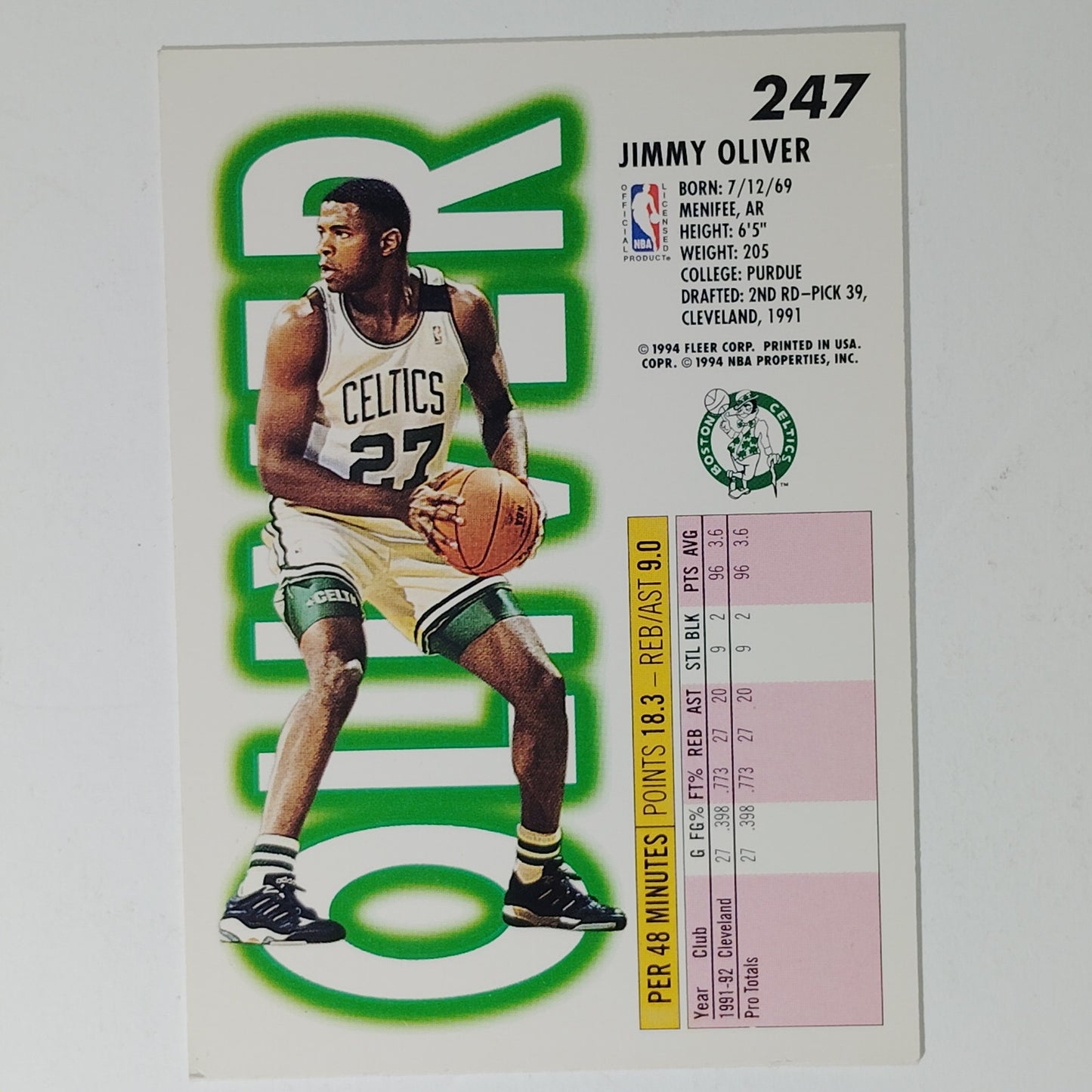 1993–94 Fleer Jimmy Oliver #247 – Boston Celtics – Guard – NBA Card, EX/NM