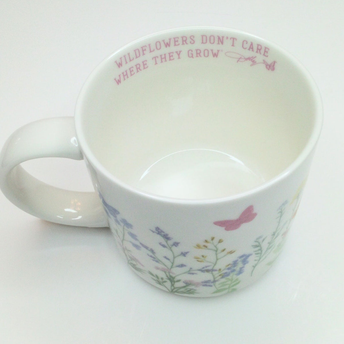 Dolly Parton Wildflowers Don't Care Mug - White Ceramic, Floral Butterflies