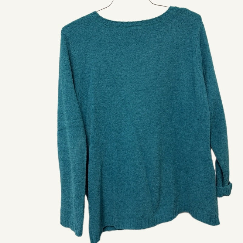 Blair Women's Green Chenille Pullover Sweater Size L with Wood Button Pocket