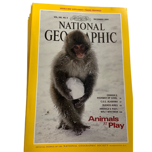 National Geographic December 1994, Animals at Play, Canada's Highway of Steel, C.S.S. Alabama, Buenos Aires, America's Poet: Walt Whitman, EUC