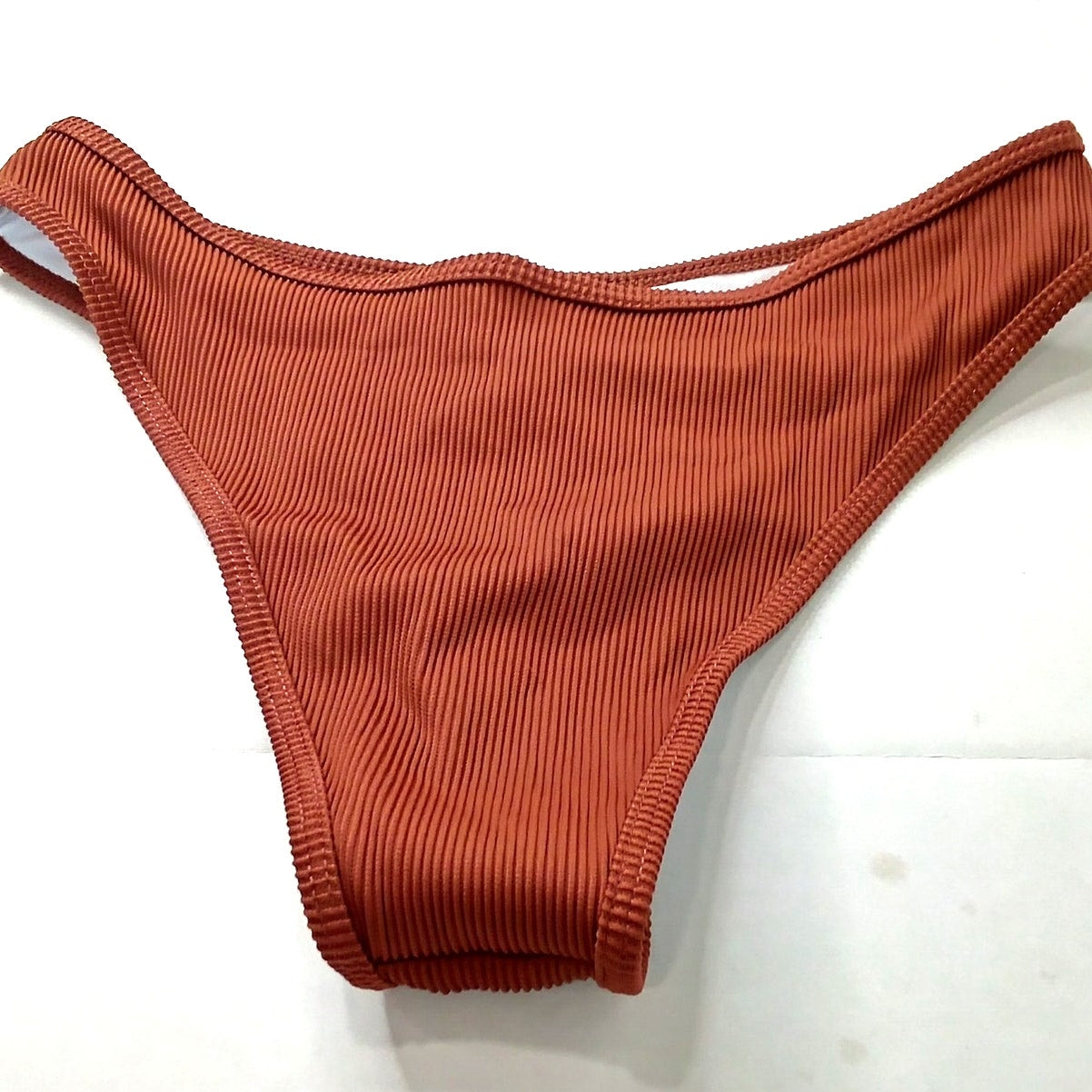 Zaful Burnt Orange Ribbed Bikini Bottoms High Cut Swim Stretch, Med (US 6)