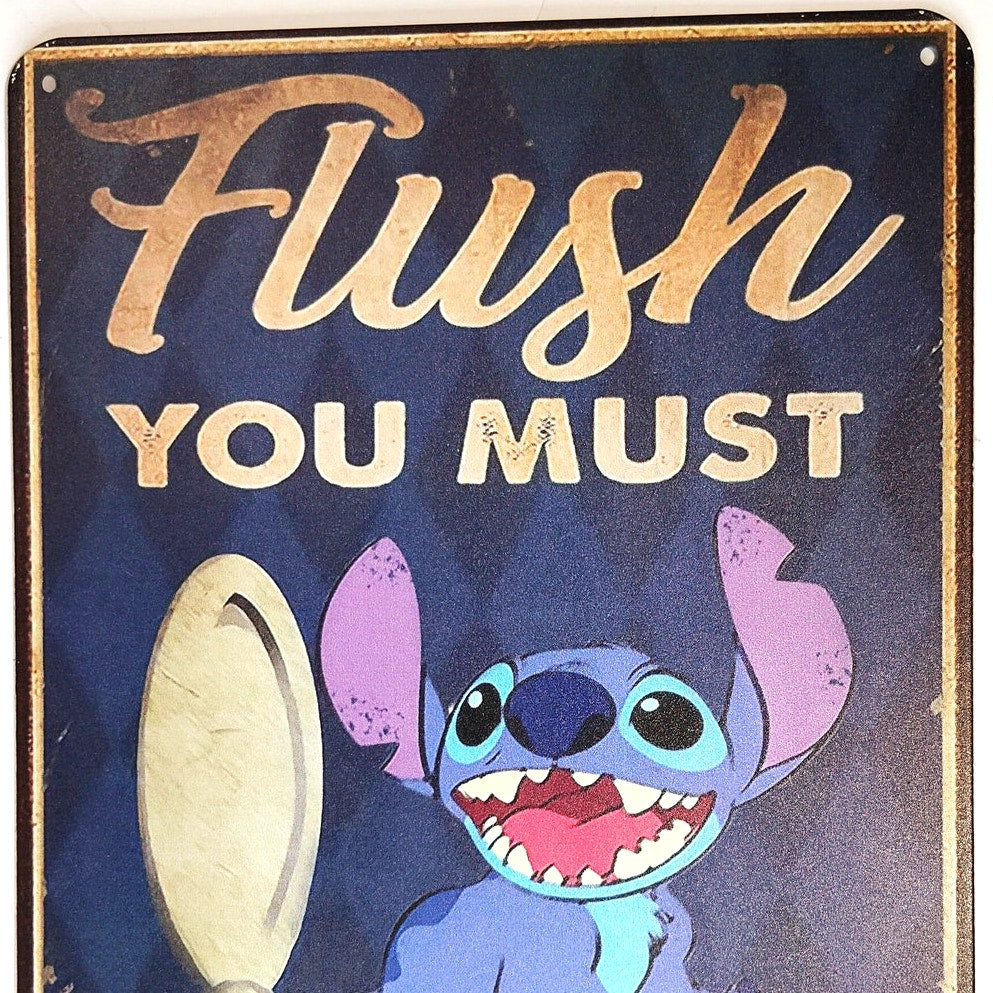 Flush You Must Tin Sign 12×8 Funny Bathroom Humor Blue Cartoon Metal Wall Decor