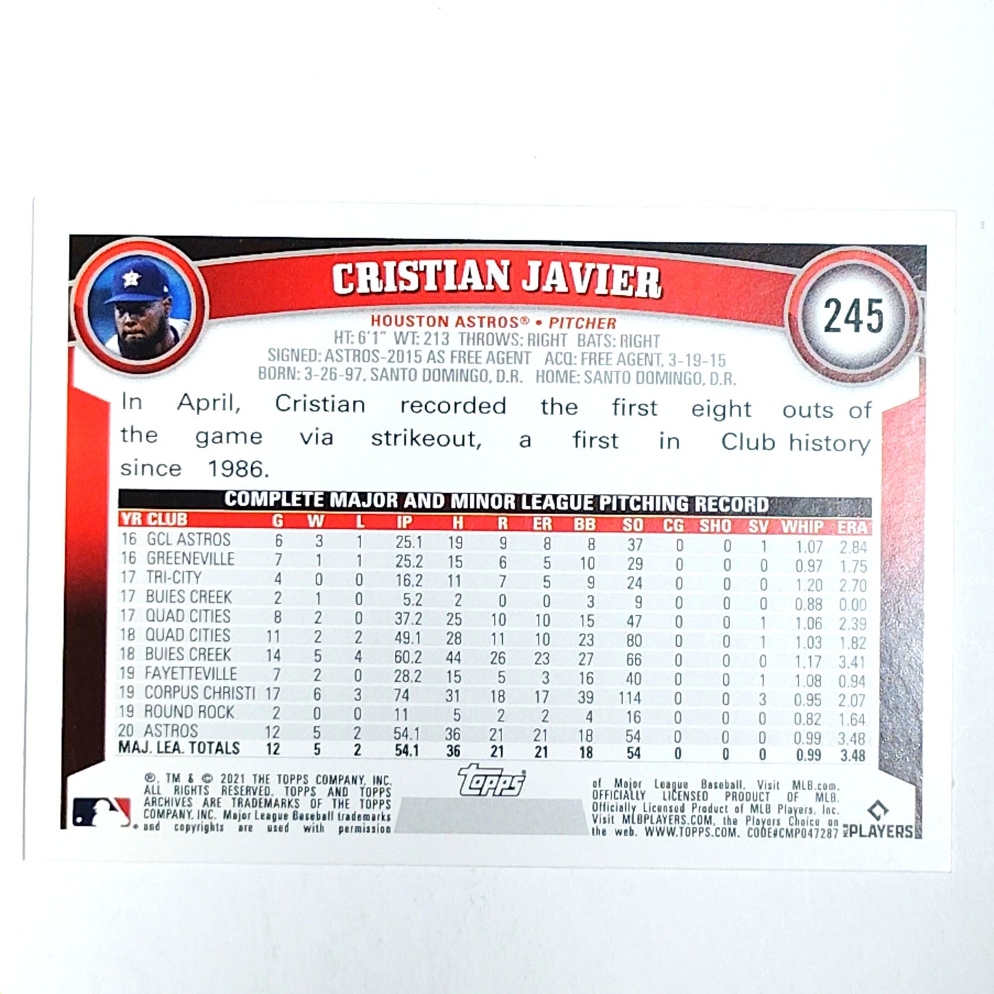 2021 Topps Archives #245 Cristian Javier Houston Astros Rookie Pitcher RC -VG/EX