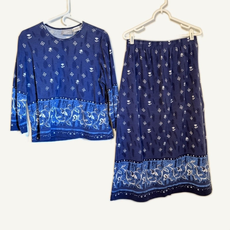 Blair Women's Navy Floral Print Long Sleeve Top & Skirt Set - Size L
