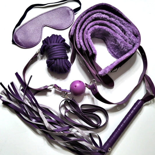 Purple Cosplay Accessory Set Hand Cuffs Leg Cuffs Mask Collar Leash Flogger Rope