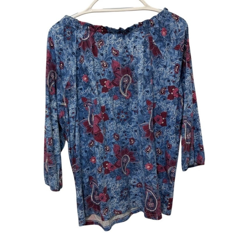 Blair Blue Purple Paisley 3/4 Sleeve Top Women's Size L Ruched Neckline