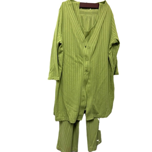 VTG Roaman's Green Ribbed Knit 3PC M Set - Cardigan, Tank & Elastic Waist Pants