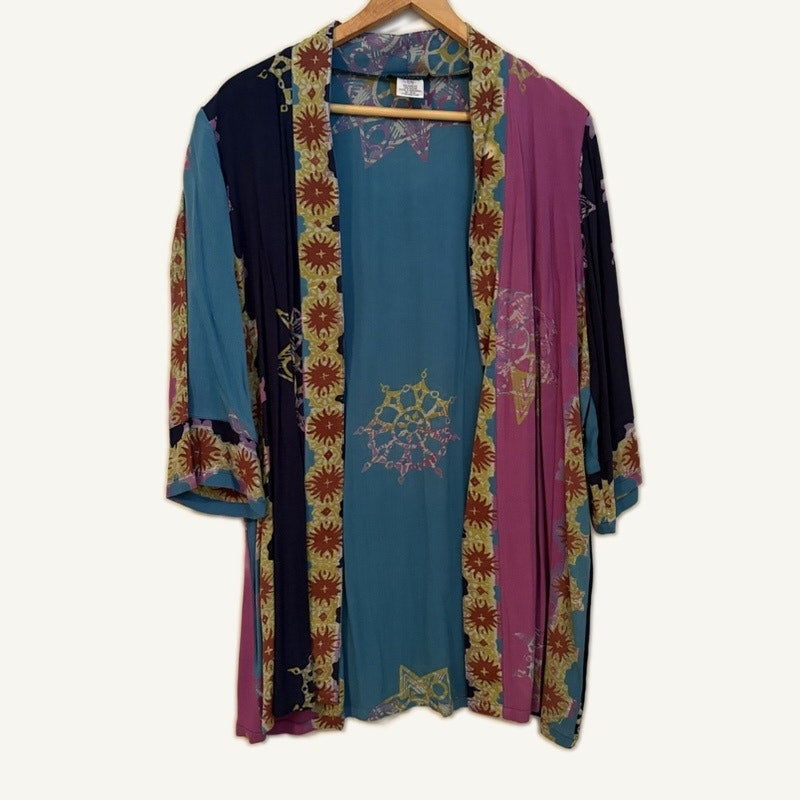 Orvis Navy Cotton Knit Top L & Ulla Popken Rayon Floral Cardigan 12/14 Set