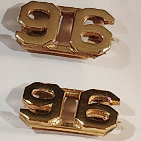Early/Mid 1900s Brass C-Clasp "96" Collar Devices 3/8"H Hat / Lapel Pins Set