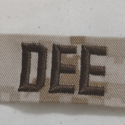 Name Tape “DEE” – Desert MARPAT – 7.75" × 1" TE Sew‑On – Novelty Sew-On Patch