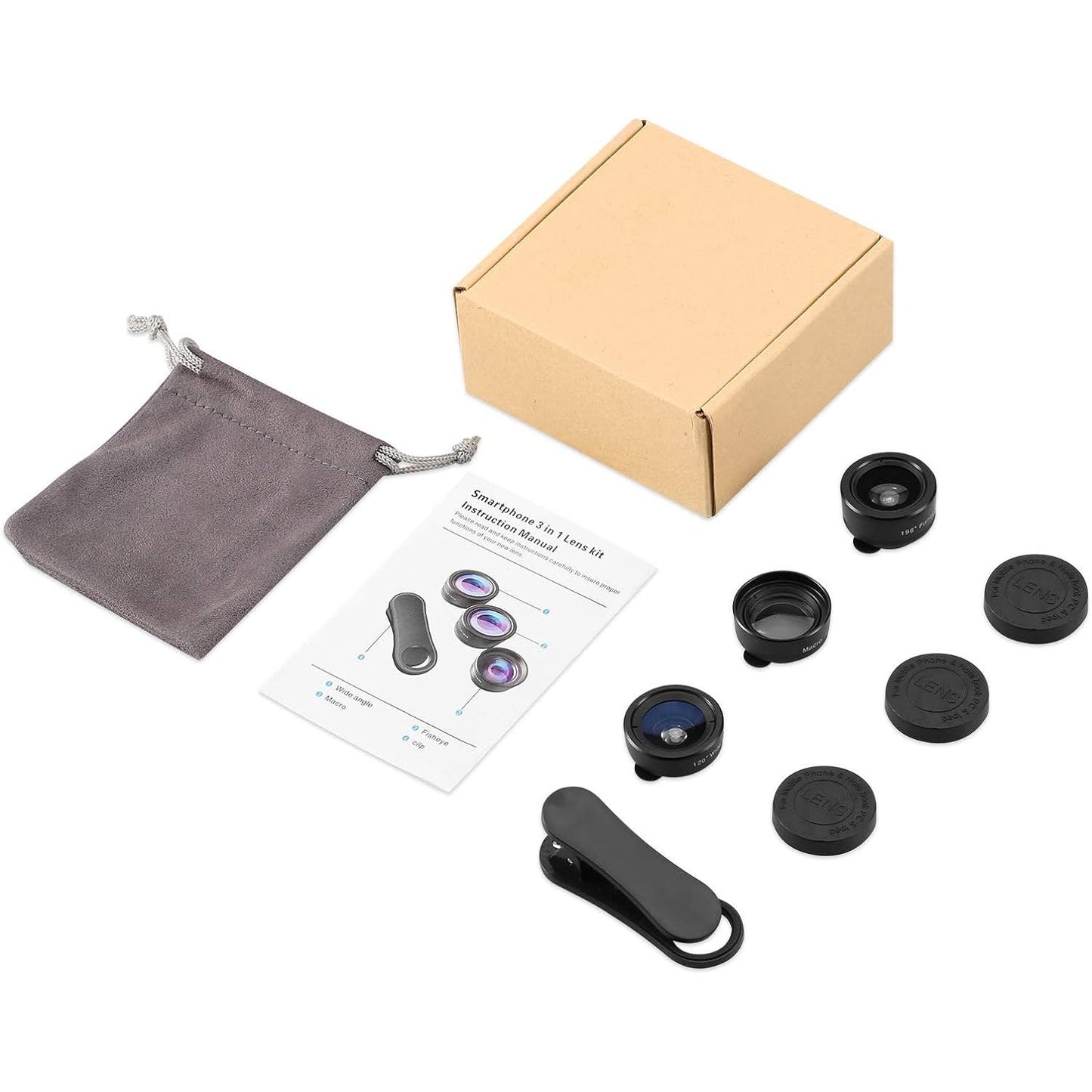 Phone Camera Lens (3), 230° Fisheye Lens, 15X Macro Lens, 0.65X Wide Angle Lens