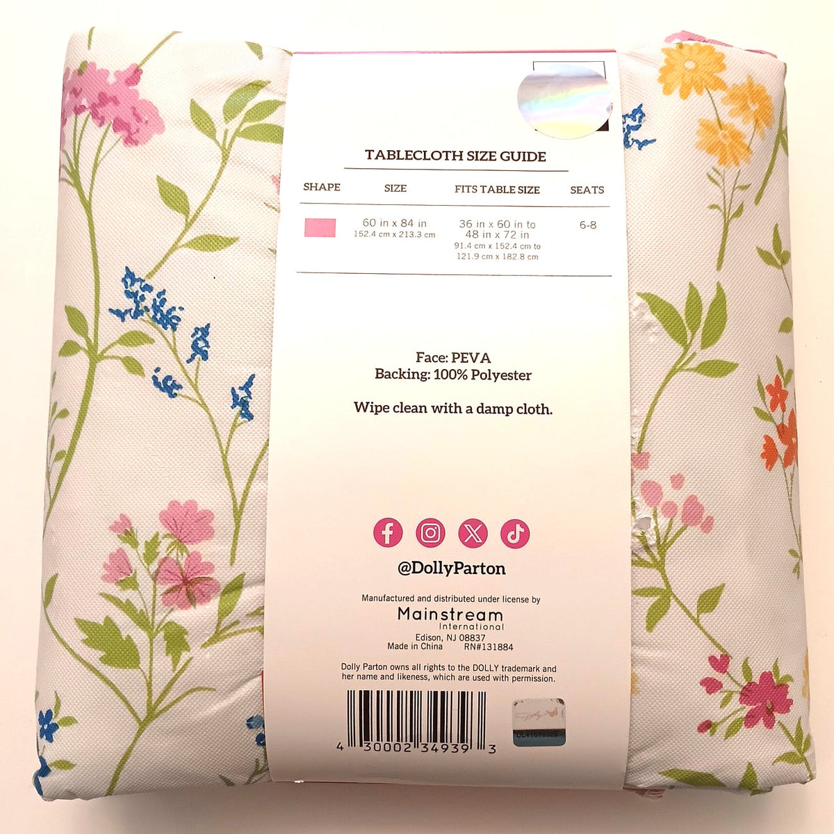 Dolly Parton Floral PEVA Tablecloth 60x84 - White, Pink, Blue, Green