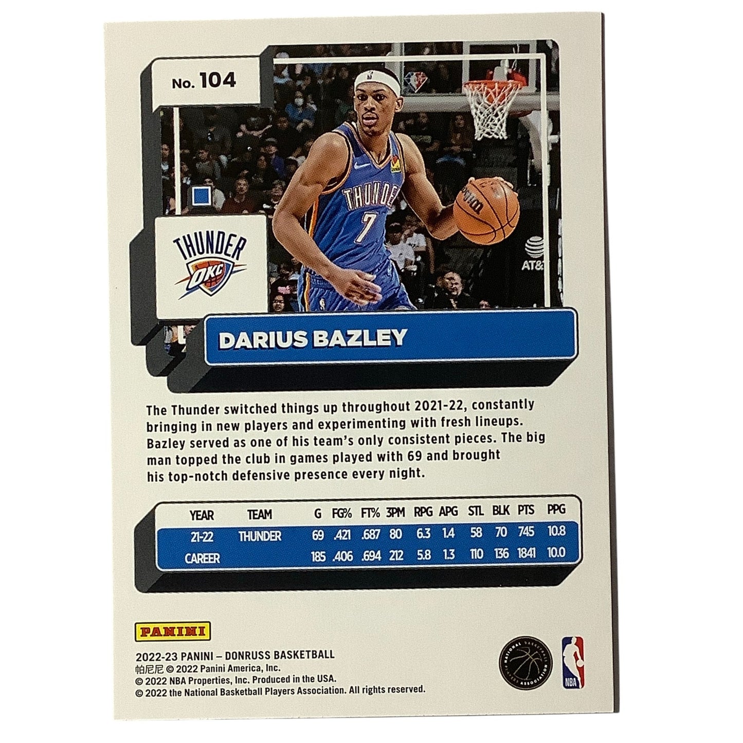 Darius Bazley - Oklahoma City Thunder, Card #104, 2022-23 NBA Panini-Donruss