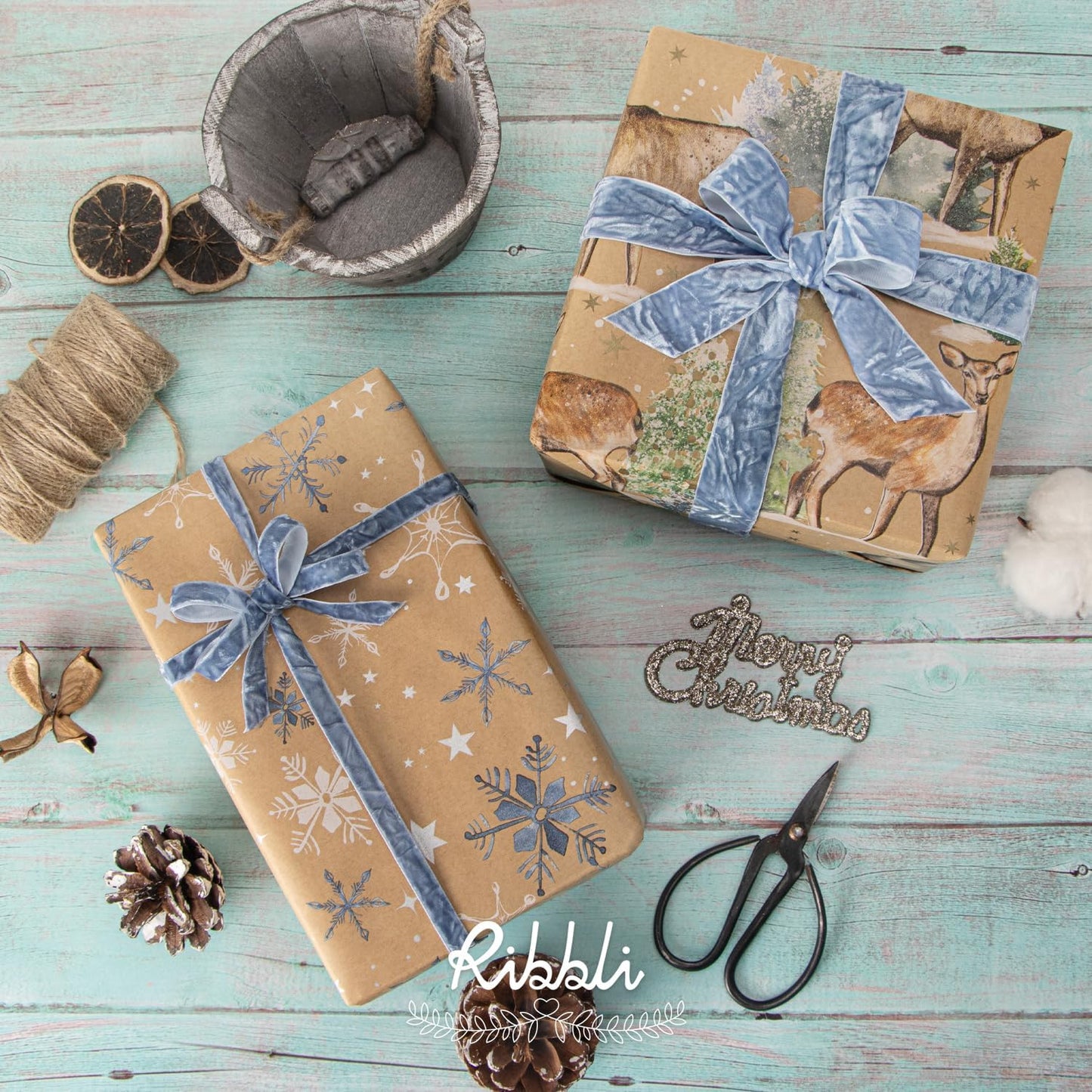 Ribbli Dusty Blue Velvet Ribbon 3/8" x 10 Yards Crinkled Luxury Gift Wrap Craft