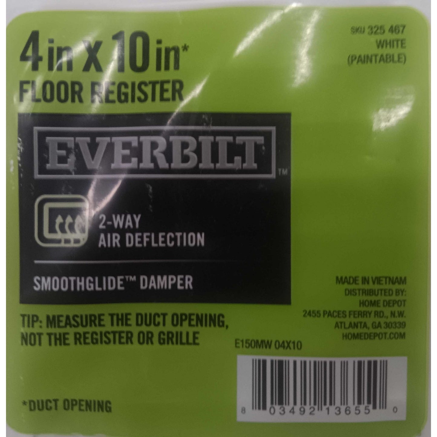 Everbilt 4 in. x 10 in. 2-Way Steel Floor Register in White, Smoothglide Damper
