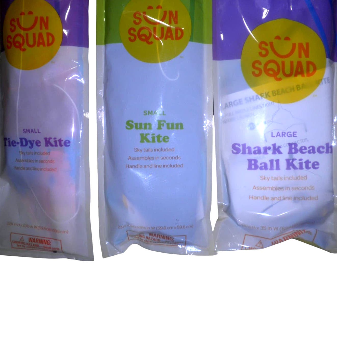 3 x Sun Squad Kites: Shark Beach Ball (1), Sun Fun(1) and Tie Dye (1), NIP
