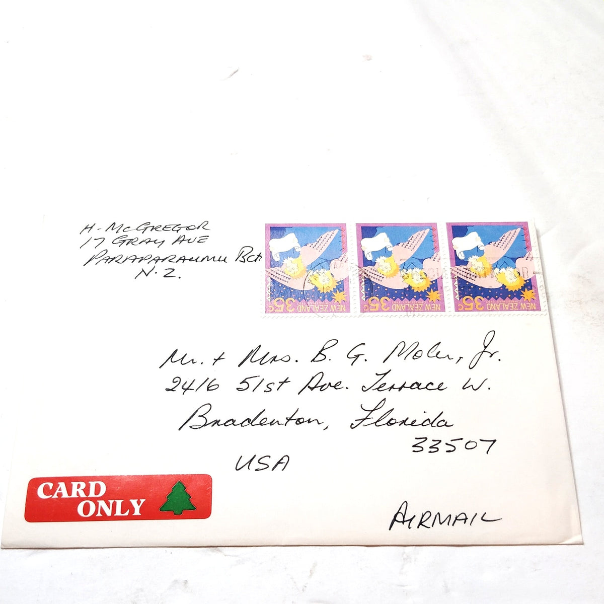 1987 New Zealand Christmas 35c Stamp Cover Airmail Florida Hallmark