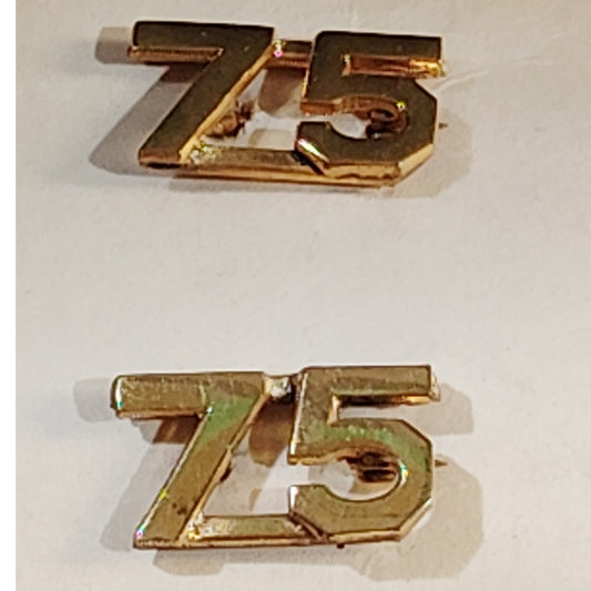 Early/Mid 1900s Brass C-Clasp "75" Collar Devices 3/8"H Hat / Lapel Pins Set